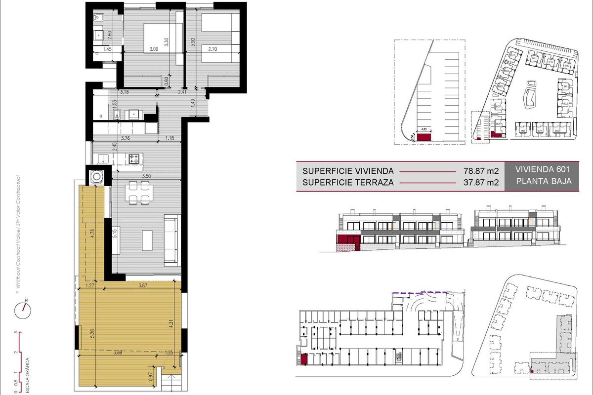 Gedetailleerde plattegrond van een modern appartement met woonruimtes en terras in Ciudad Quesada.