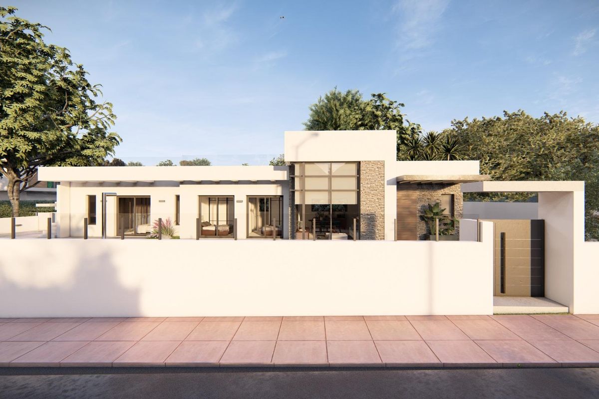 Vooraanzicht van de 3-slaapkamer villa in Ciudad Quesada, met hedendaags ontwerp en landscaping.