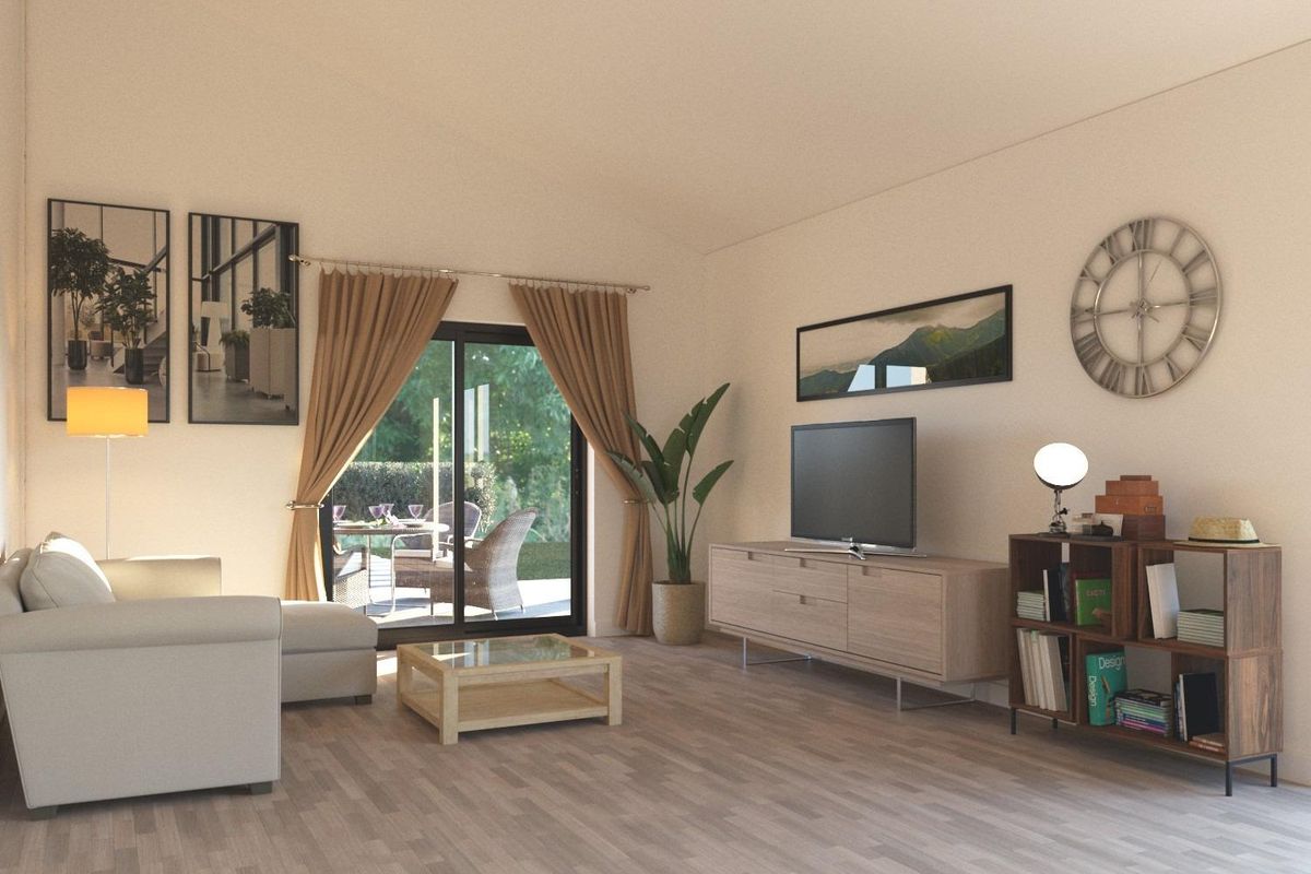 Lichte woonkamer binnen de villa met moderne inrichting en uitzicht op de tuin in Moratalla, Costa Calida.