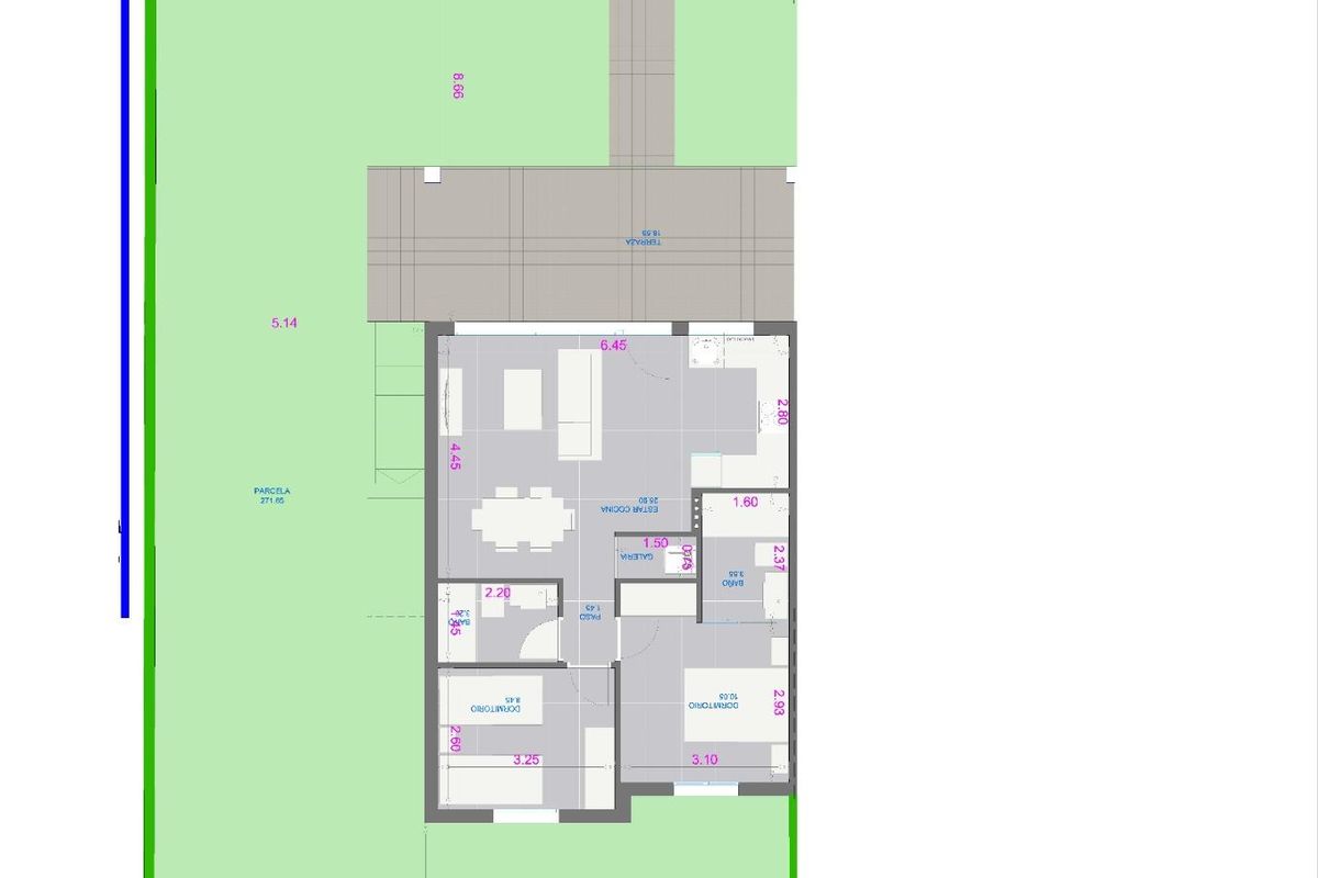 Plattegrond van een 2-slaapkamer huis, met details over de indeling en afmetingen, gelegen in Pilar de La Horadada, Costa Blanca Zuid.