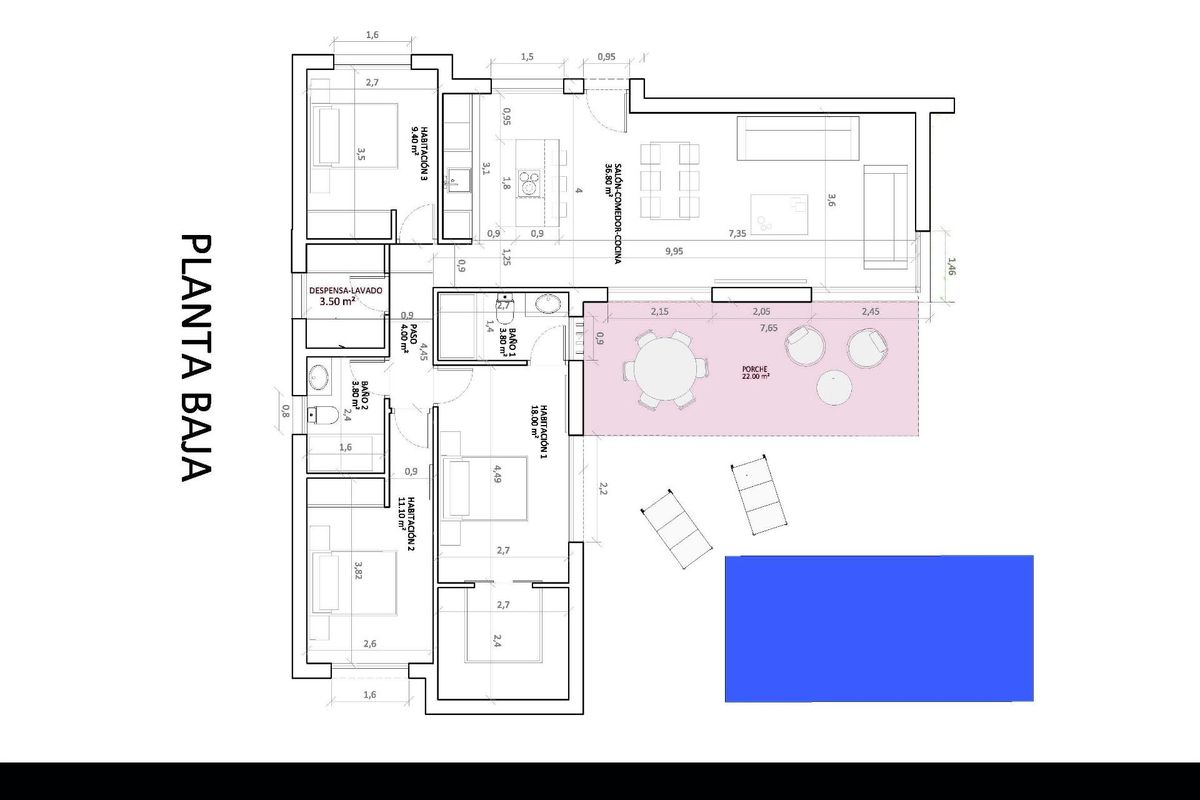Detailed floorplan of a 3-bed villa situated in Monforte del Cid, Costa Blanca South, Spain.