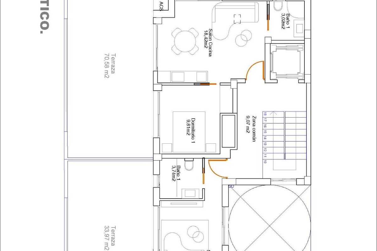 Plattegrond van een 1-slaapkamer penthouse in Guardamar del Segura, met details van woonruimtes en indeling.
