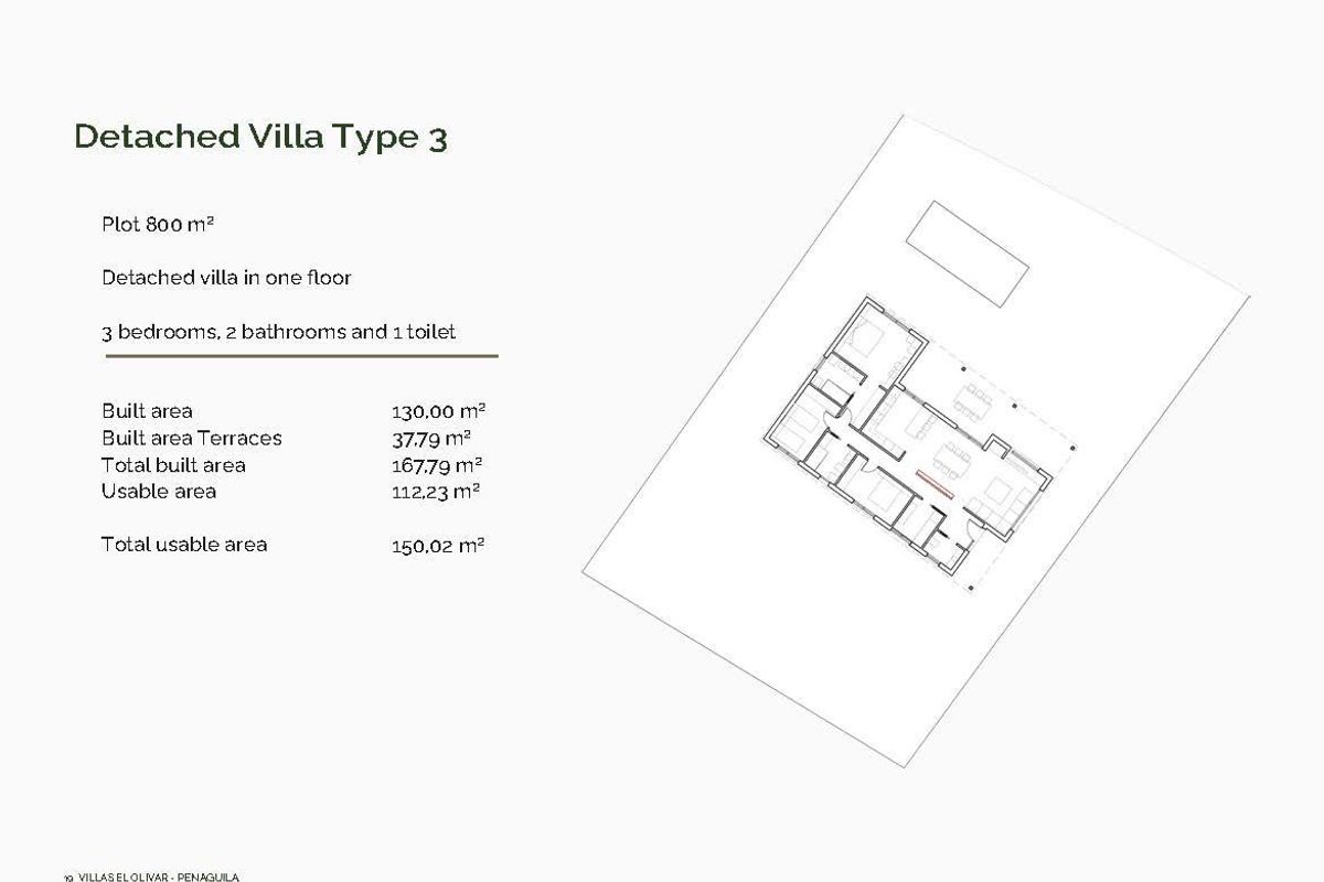 Plattegrond van een vrijstaande villa type 3, met nadruk op kamers en indeling in Penaguila.