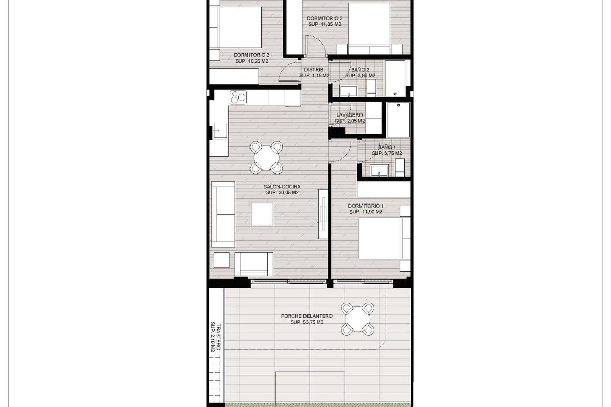 Plattegrond van een ruim 3-slaapkamer appartement op de begane grond in San Pedro del Pinatar, Spanje.