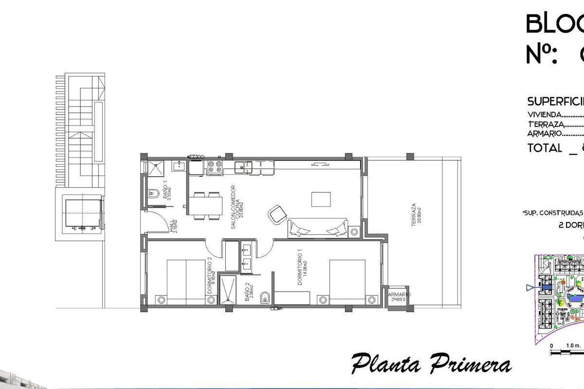 Plattegrond van een 2-slaapkamer, 2-badkamer appartement in Guardamar del Segura, met ruimteverdeling.