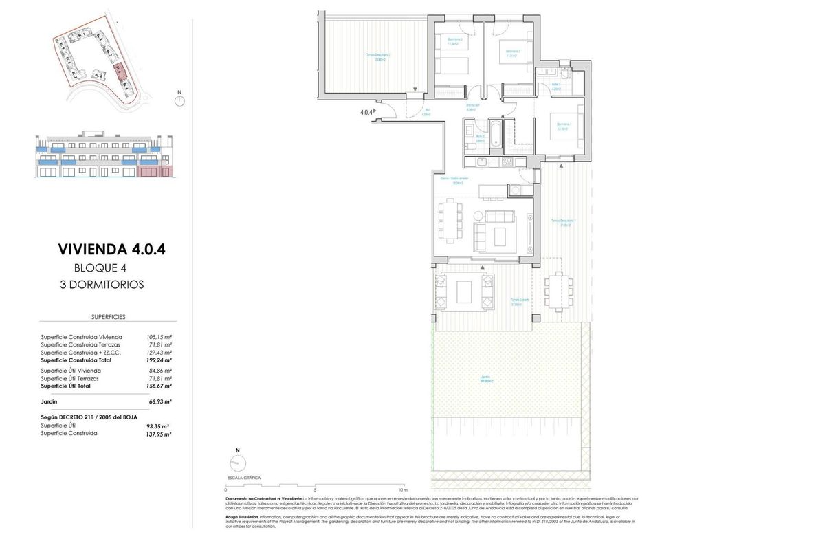 Gedetailleerde plattegrond van een 3-slaapkamer appartement op de begane grond in Casares, Costa del Sol.