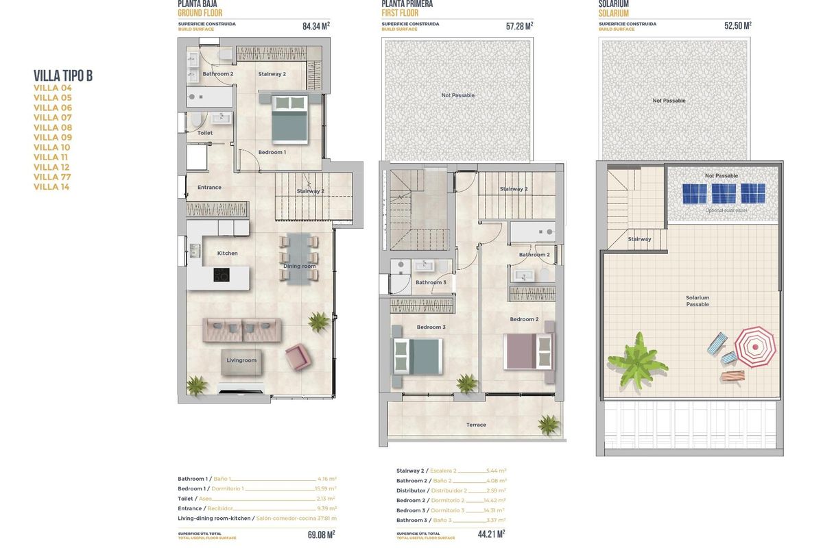 Plattegrond van een 3-slaapkamer villa in finestrat, costa blanca, met de indeling van de begane grond, eerste verdieping en solarium.