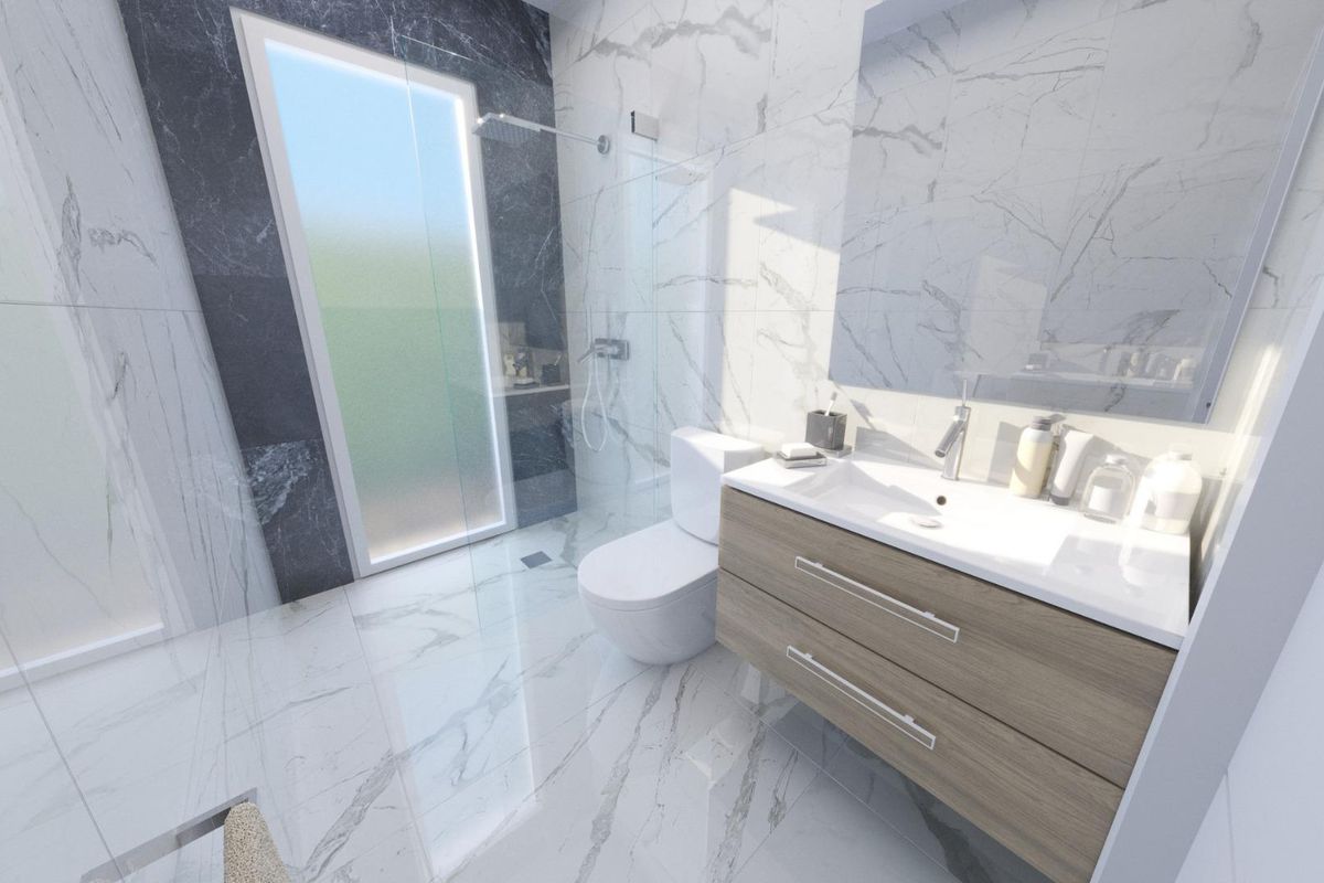 Chique badkamer met marmeren afwerkingen in een 3-slaapkamer villa, Ciudad Quesada, met eigentijdse voorzieningen.