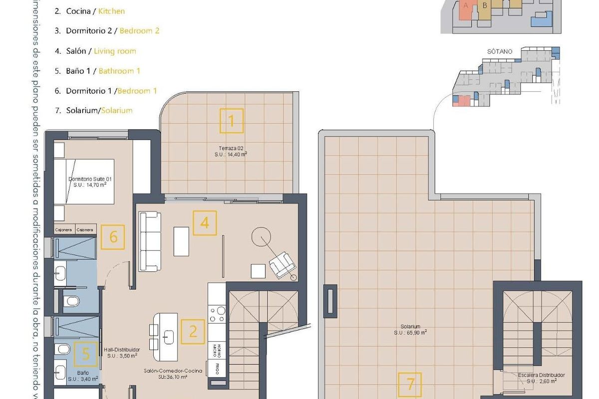 Plattegrond van het penthouse met indeling en afmetingen, gelegen in Los Alcazares, Costa Calida.