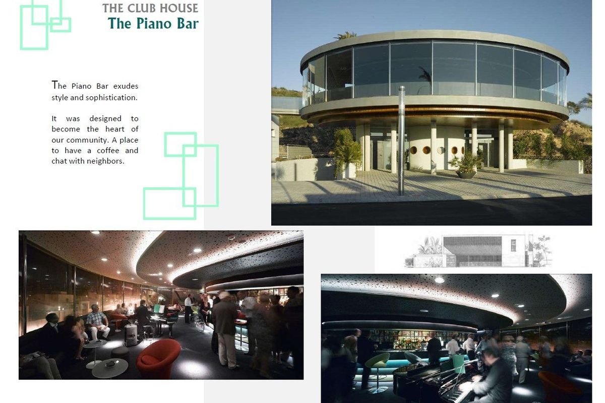 De Piano Bar in het clubhuis in Sucina, Spanje, ontworpen voor gemeenschappelijke bijeenkomsten en koffiepauzes.