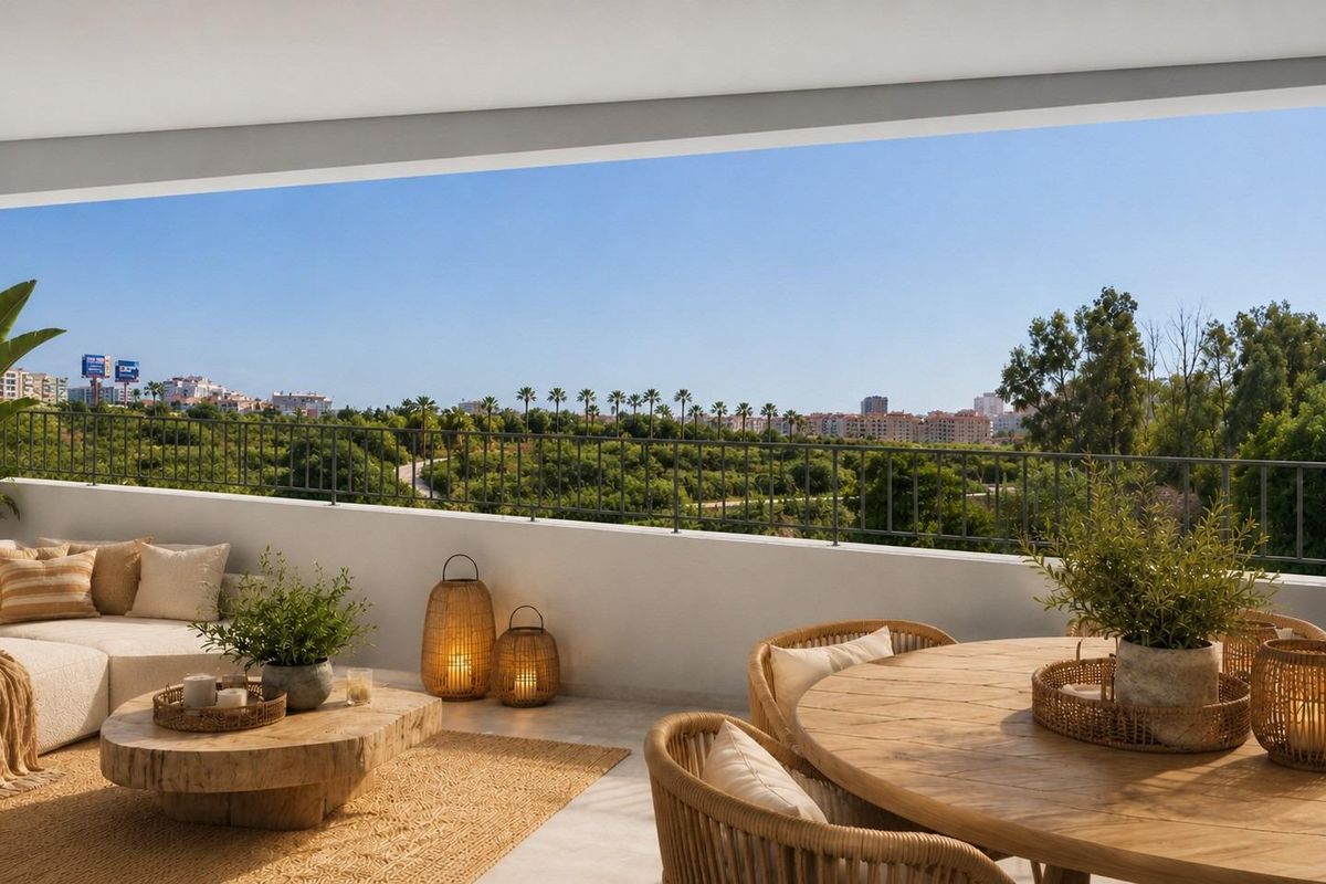 Fuengirola apartment complex with parking area