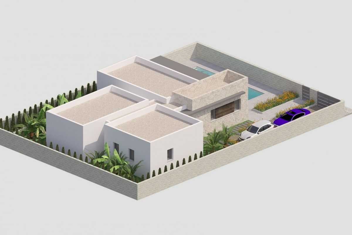 Zijaanzicht van de villa in Benijofar, met het zwembad en parkeergelegenheid.