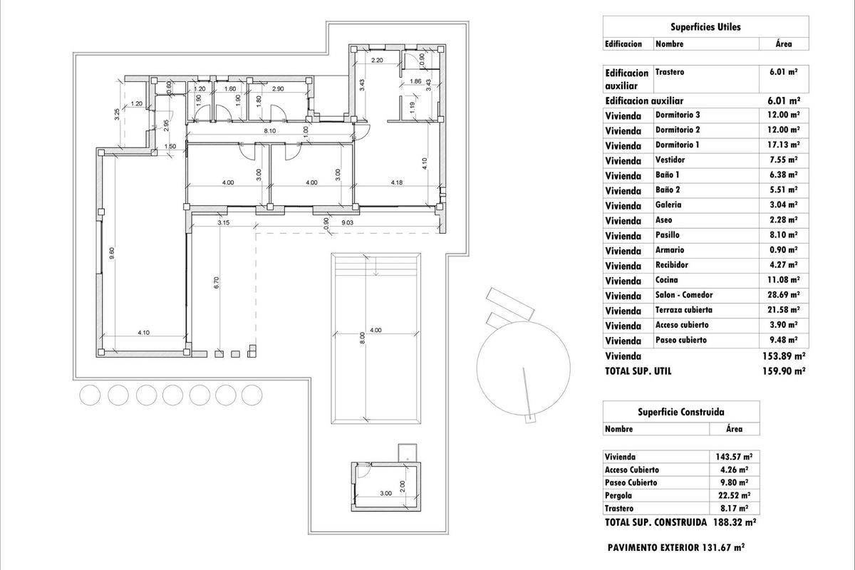 Een andere gedetailleerde plattegrondillustratie voor de villa in Aspe, met de indeling van kamers en ruimtes.