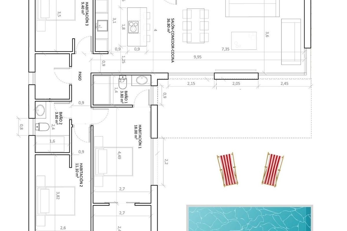 Plattegrond van een 3-slaapkamer villa in Hondón de las Nieves, die de indeling en ruime ontwerp illustreert.