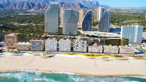 Luchtfoto van moderne gebouwen in Benidorm, Costa Blanca Noord, nabij het strand en de bergen.