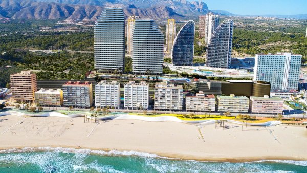Luchtfoto van moderne gebouwen in Benidorm, Costa Blanca Noord, nabij het strand en de bergen.