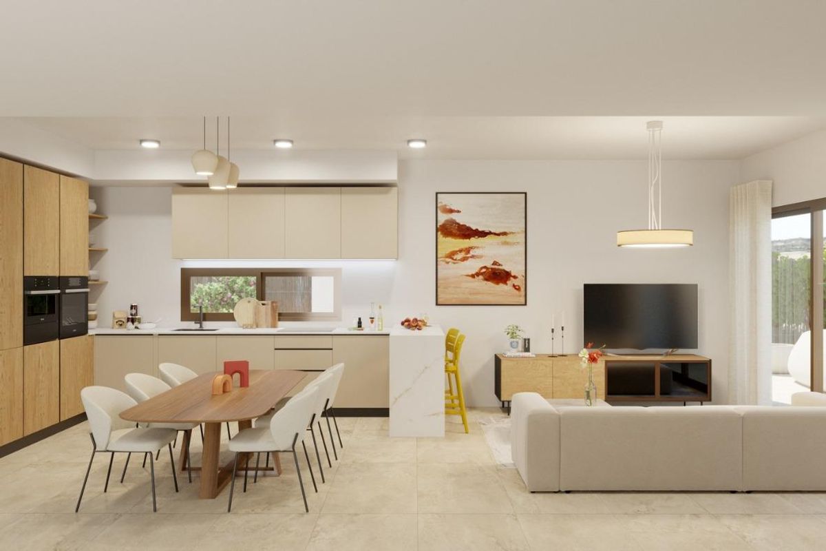 Open woonkamer en keuken in een stijlvolle 3-slaapkamer villa in Algorfa, Costa Blanca Zuid.