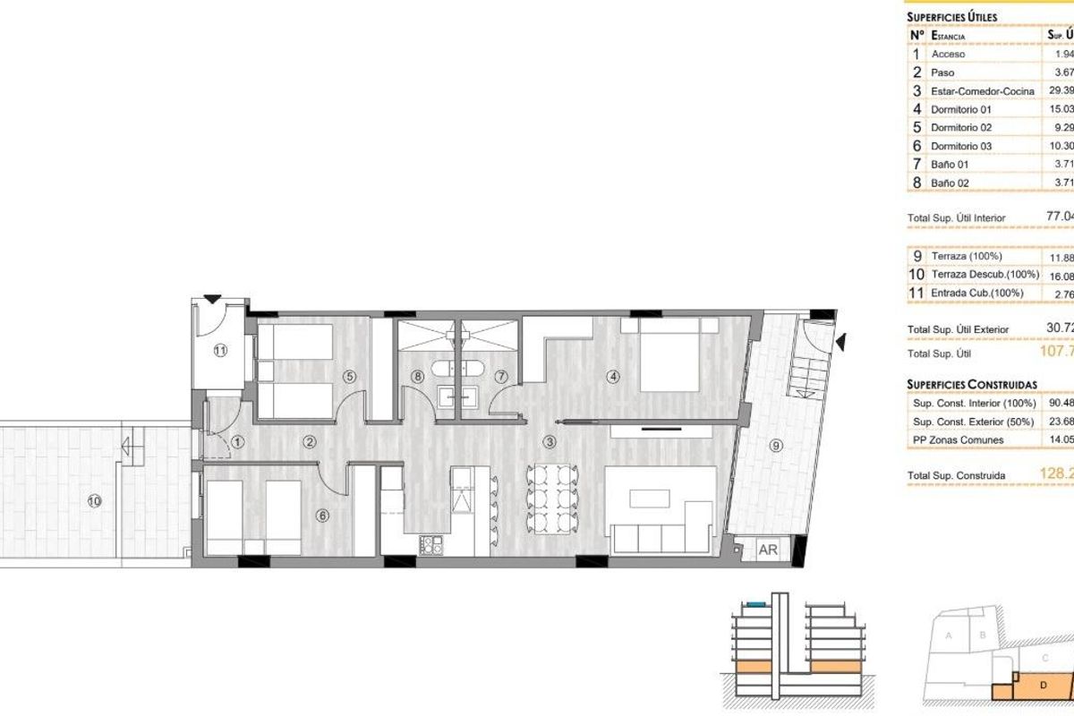 Floorplan of a 2-bed ground floor apartment in Torrevieja, Costa Blanca South. Layout includes terrace and living areas.