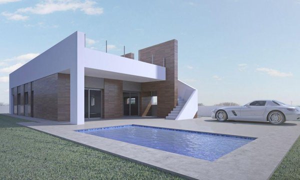 Moderne 3-slaapkamer villa in Aspe, Costa Blanca met een zwembad en stijlvolle buitenkant.