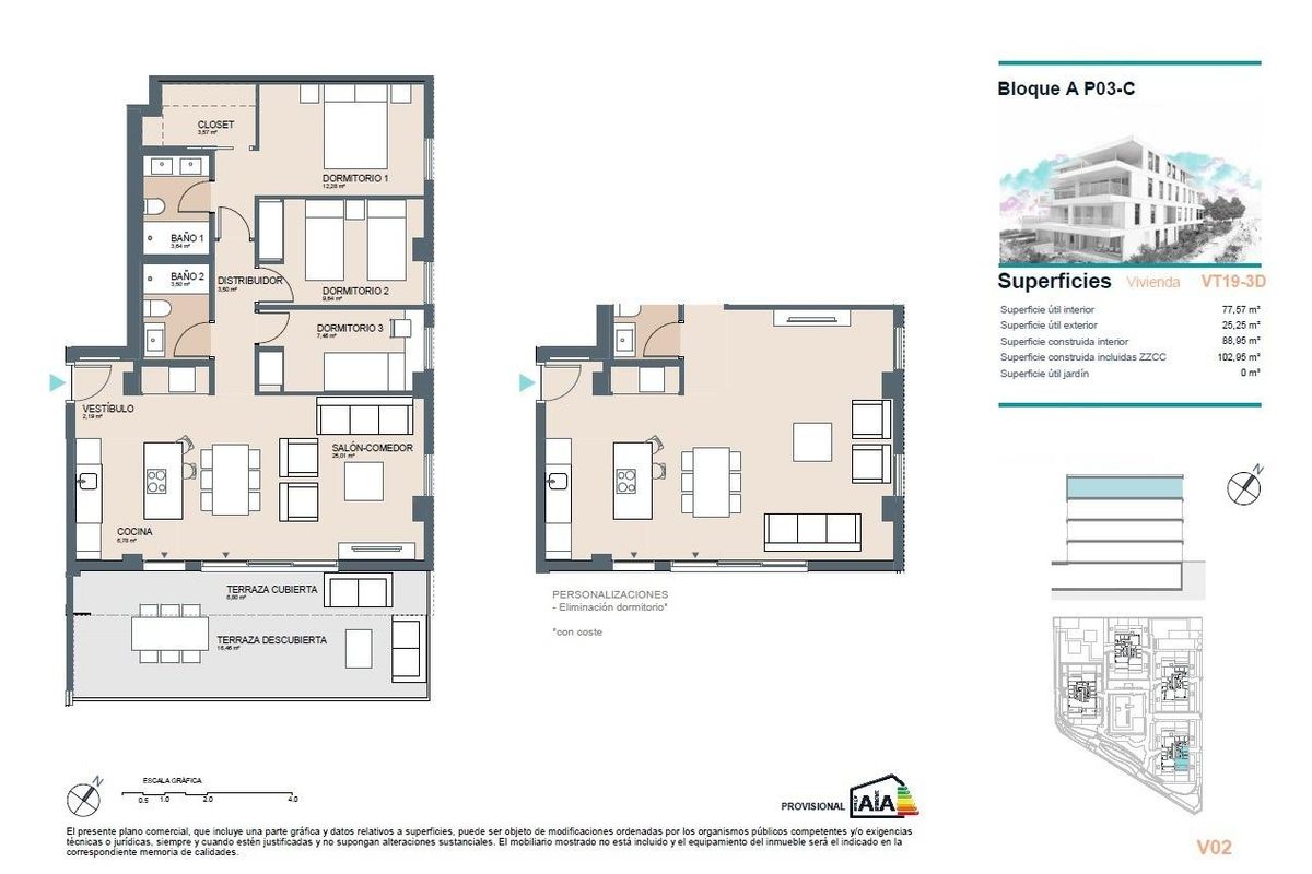 Plattegrond van een 3-slaapkamer penthouse in Benicassim, met een ruime indeling en modern ontwerp.