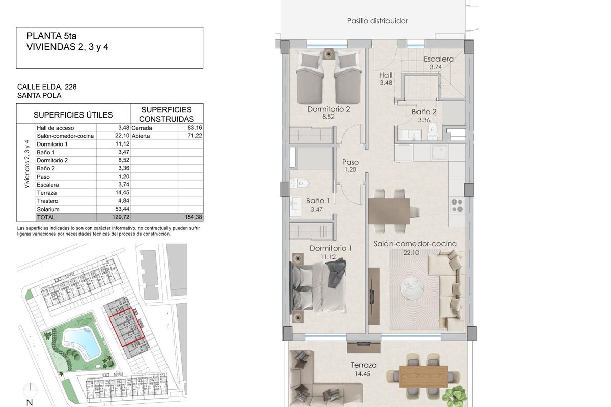 Plattegrond van een 2-slaapkamer penthouse in Santa Pola, Costa Blanca Zuid, met afmetingen van kamers.
