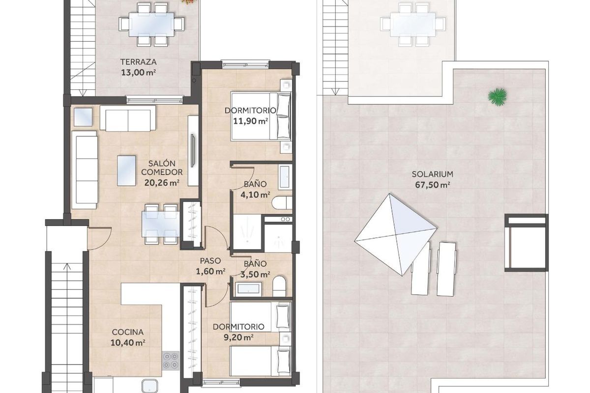 Gedetailleerd vloerplan dat de indeling van een 2-slaapkamer bungalow in San Miguel de Salinas, Costa Blanca Zuid, weergeeft.
