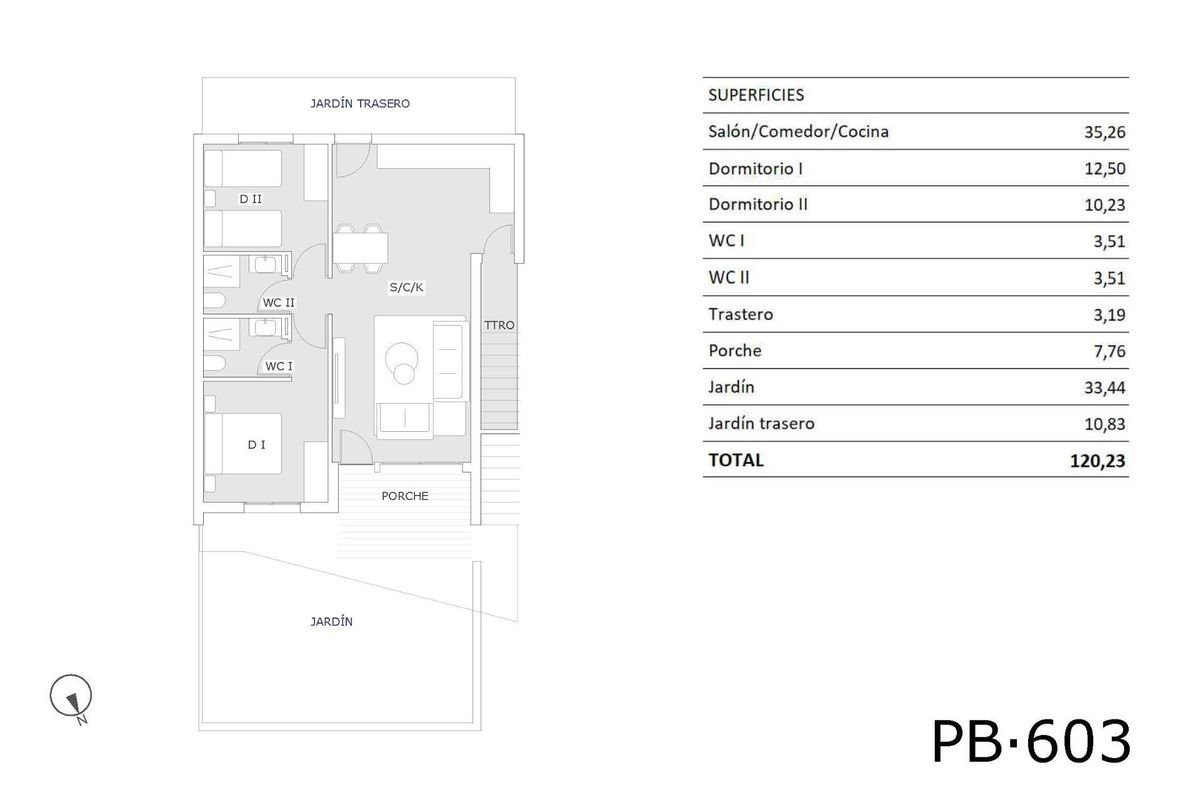 Plattegrond van een 2-slaapkamer appartement op de begane grond in San Miguel de Salinas, met indeling en afmetingen.