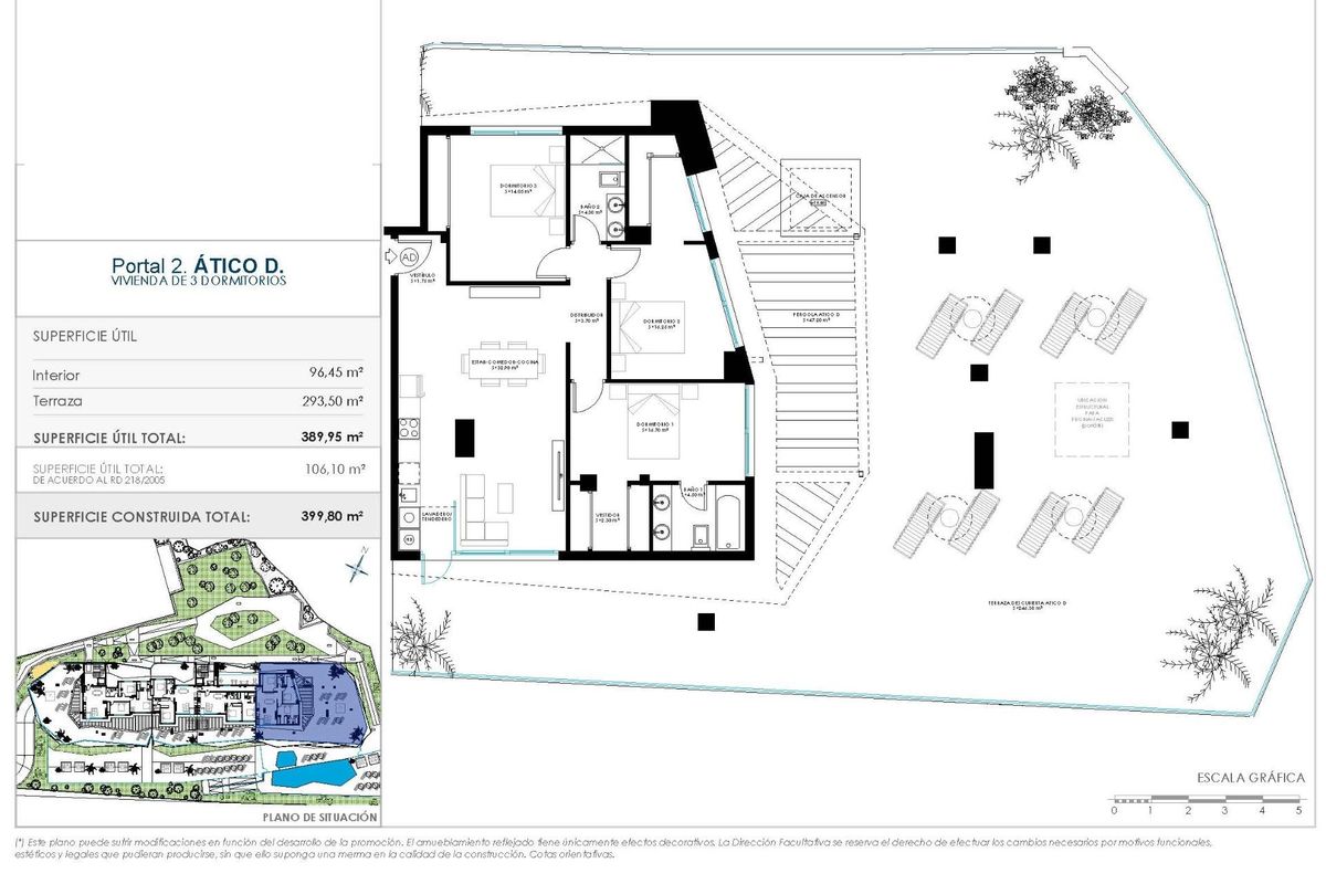 Plattegrond van een ruim 3-slaapkamer penthouse in Benalmádena, met indeling en buitenruimtes.