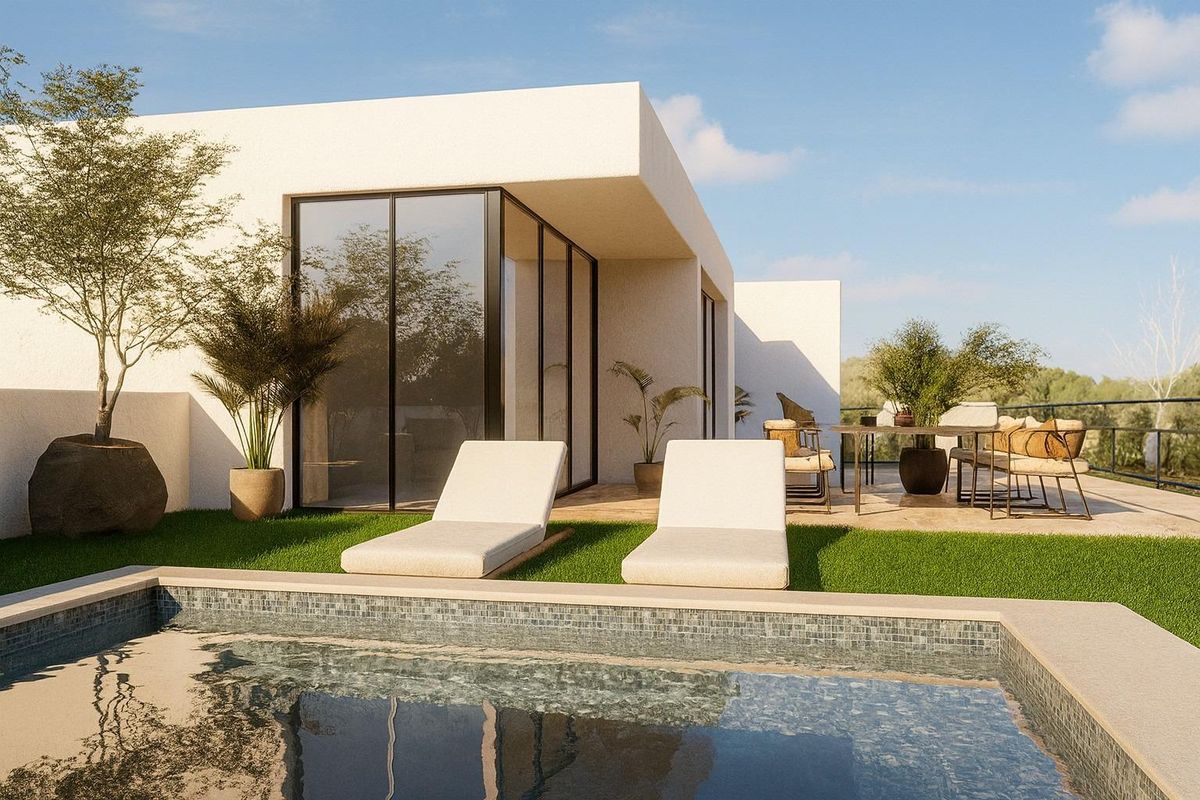 Charmant terras in Estepona met ligstoelen, tafel en prachtig uitzicht bij het zwembad.