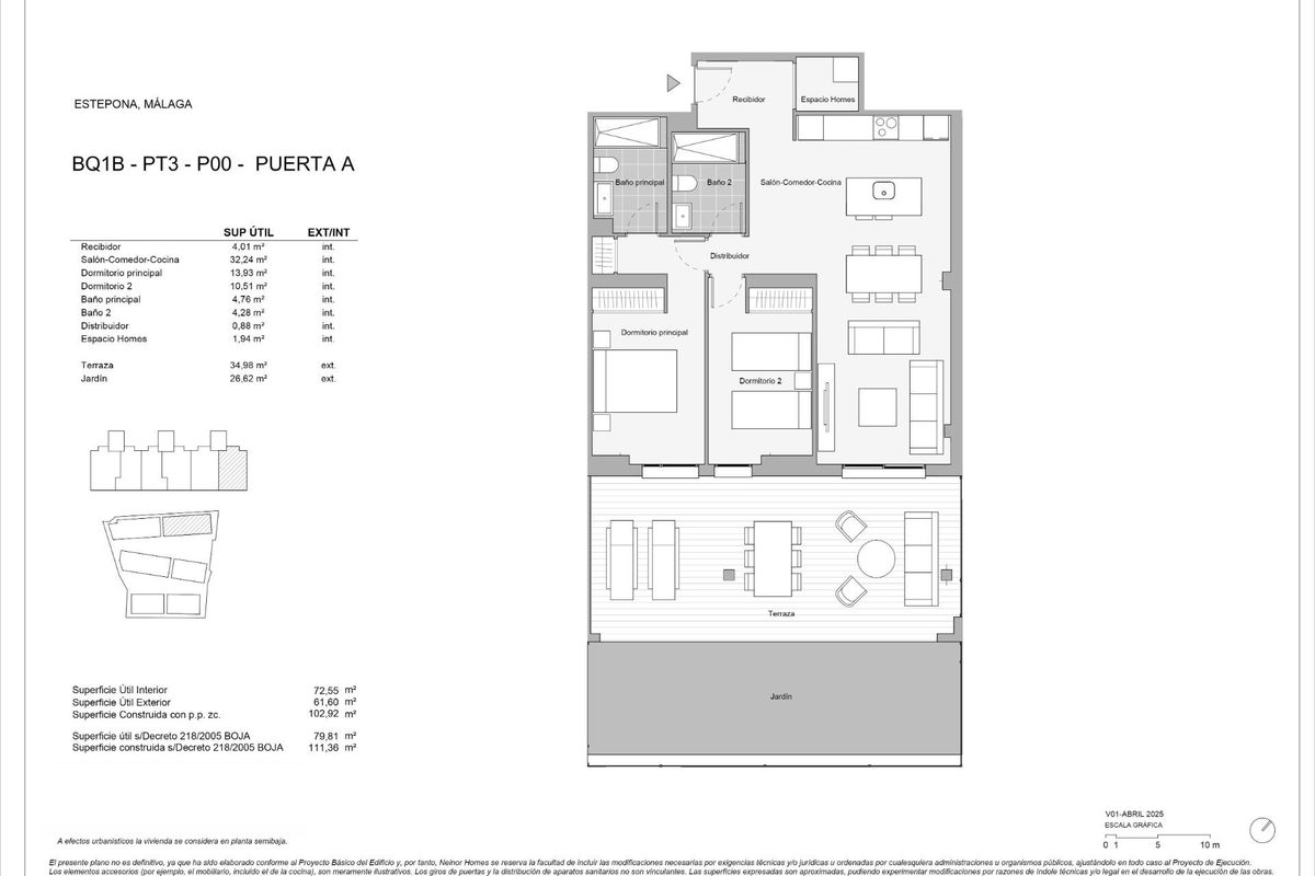 Plattegrond van een 2-slaapkamer appartement op de begane grond in Estepona, met woon, keuken en terrasruimtes.