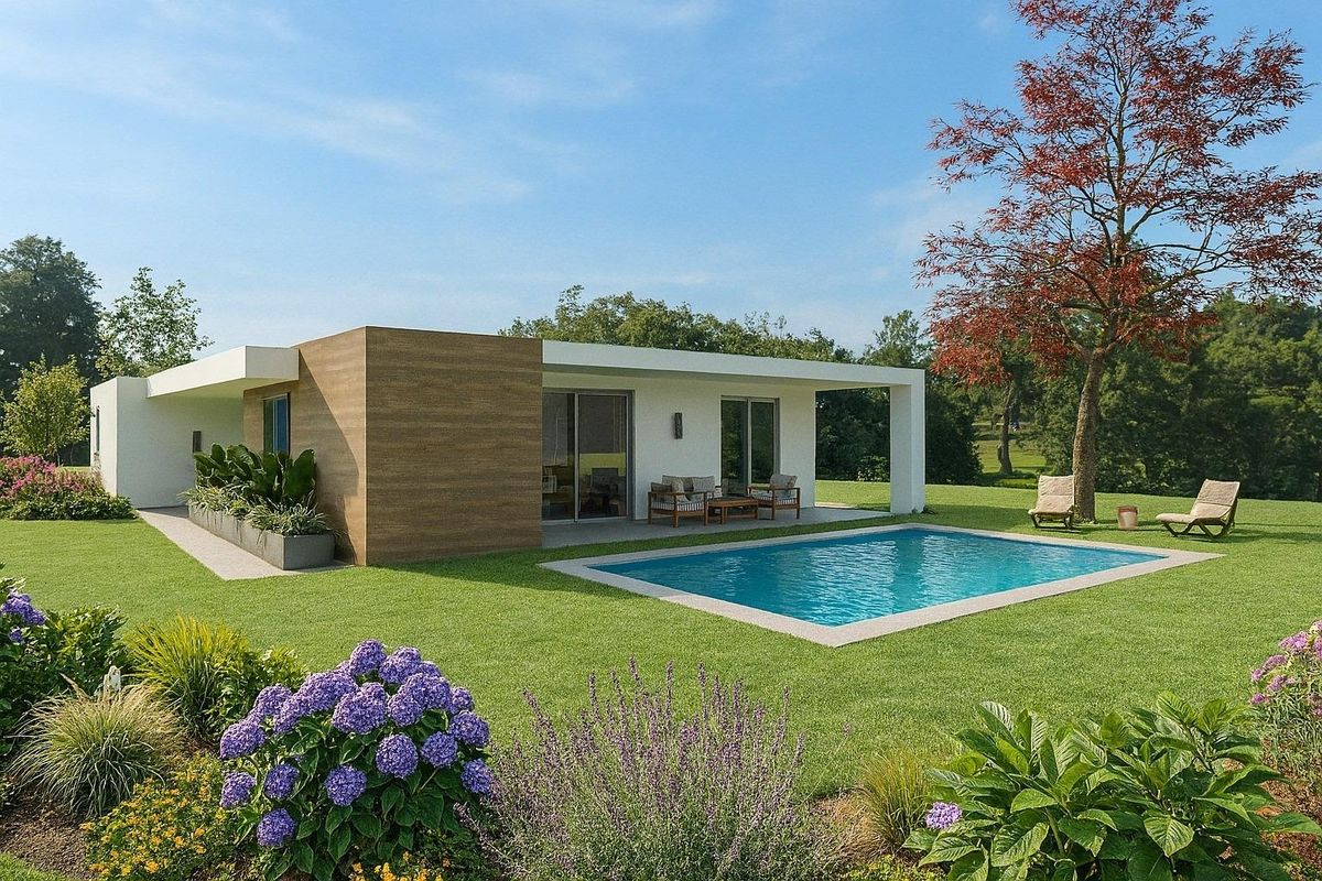 Another angle of a modern villa in Monforte del Cid showcasing the pool and vibrant garden.
