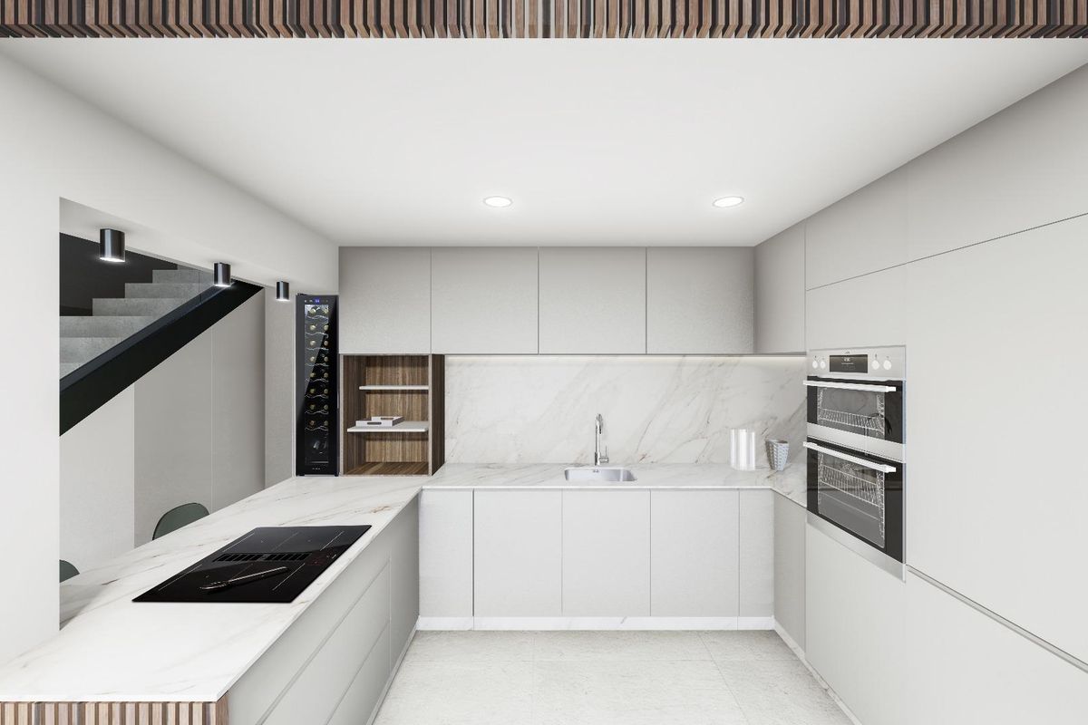 Moderne keuken met inbouwapparatuur in een woning in Pilar de La Horadada, Costa Blanca Zuid.