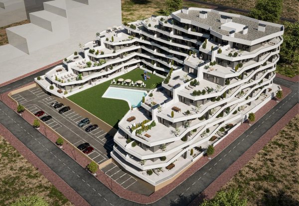 Luchtfoto van het moderne penthousecomplex met 2 slaapkamers en zwembad in San Miguel de Salinas, Costa Blanca Zuid.