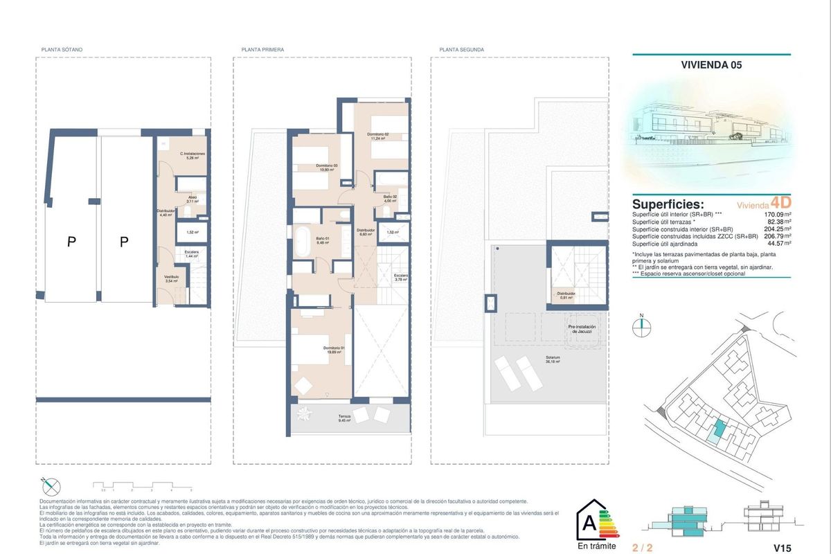 Tweede sectie van de plattegrond voor een 4-slaapkamer townhouse in San Juan Alicante, met gedetailleerde kamersetup.