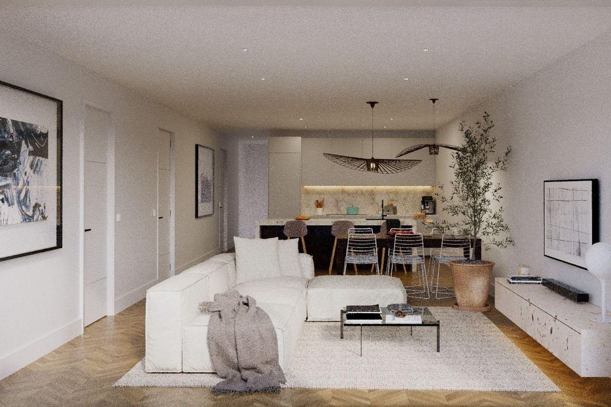 Moderne woonkamer van een appartement met 2 slaapkamers in Hondón de las Nieves, met stijlvolle meubels en verlichting.