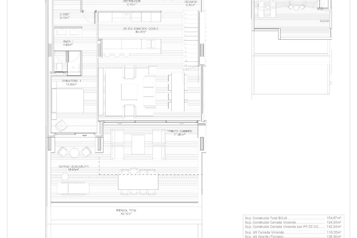 Gedetailleerde plattegrond van een 3-slaapkamer penthouse in Manilva, Costa del Sol, met indelingen van kamers.