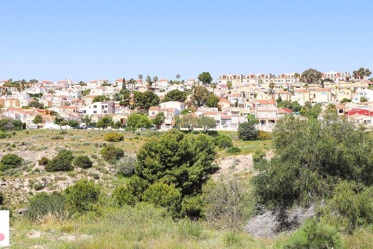 Panoramisch uitzicht op woongebied met kleurrijke villa's in San Fulgencio, Costa Blanca.
