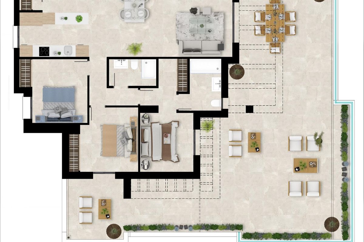 Gedetailleerde plattegrond van een moderne 3-slaapkamer-penthouse indeling met eetruimte buiten in Casares.