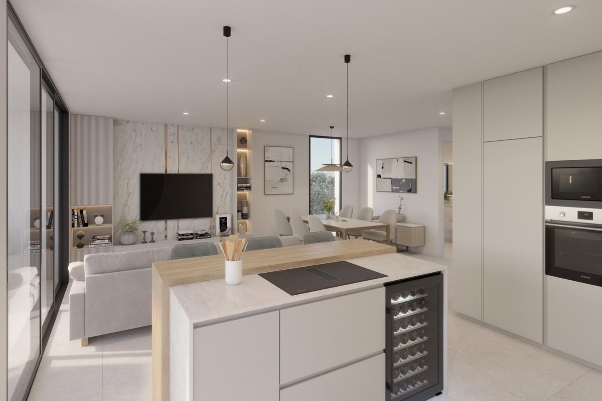 Hedendaagse keukeninterieur in de villa in Fuente Álamo met een strakke inrichting en eetruimte.