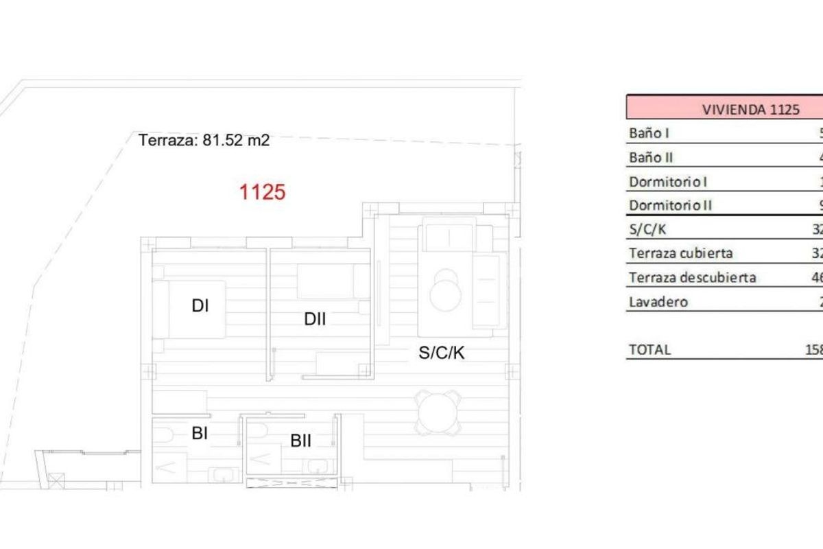 Plattegrond van een appartement met 2 slaapkamers in San Miguel de Salinas, met details van kamerafmetingen en terras.