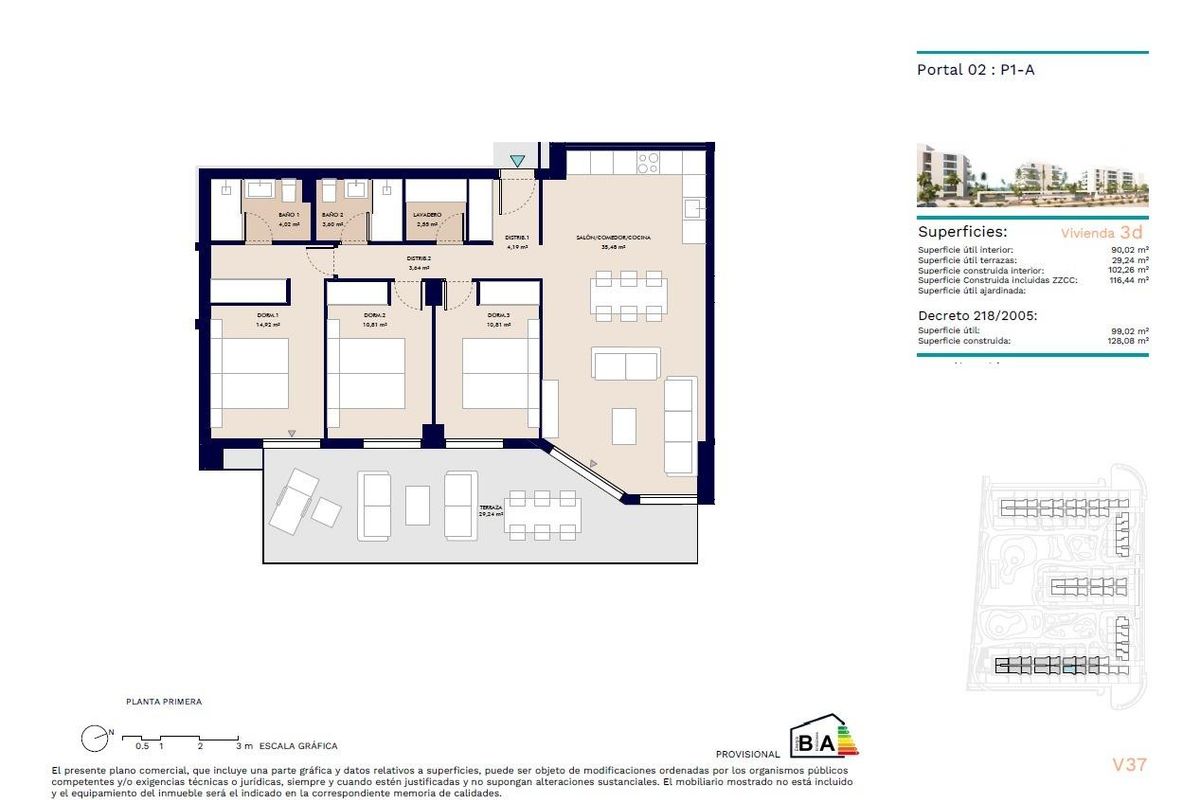 Vloerplan van een appartement met 3 slaapkamers in Almerimar, met indeling en afmetingen.