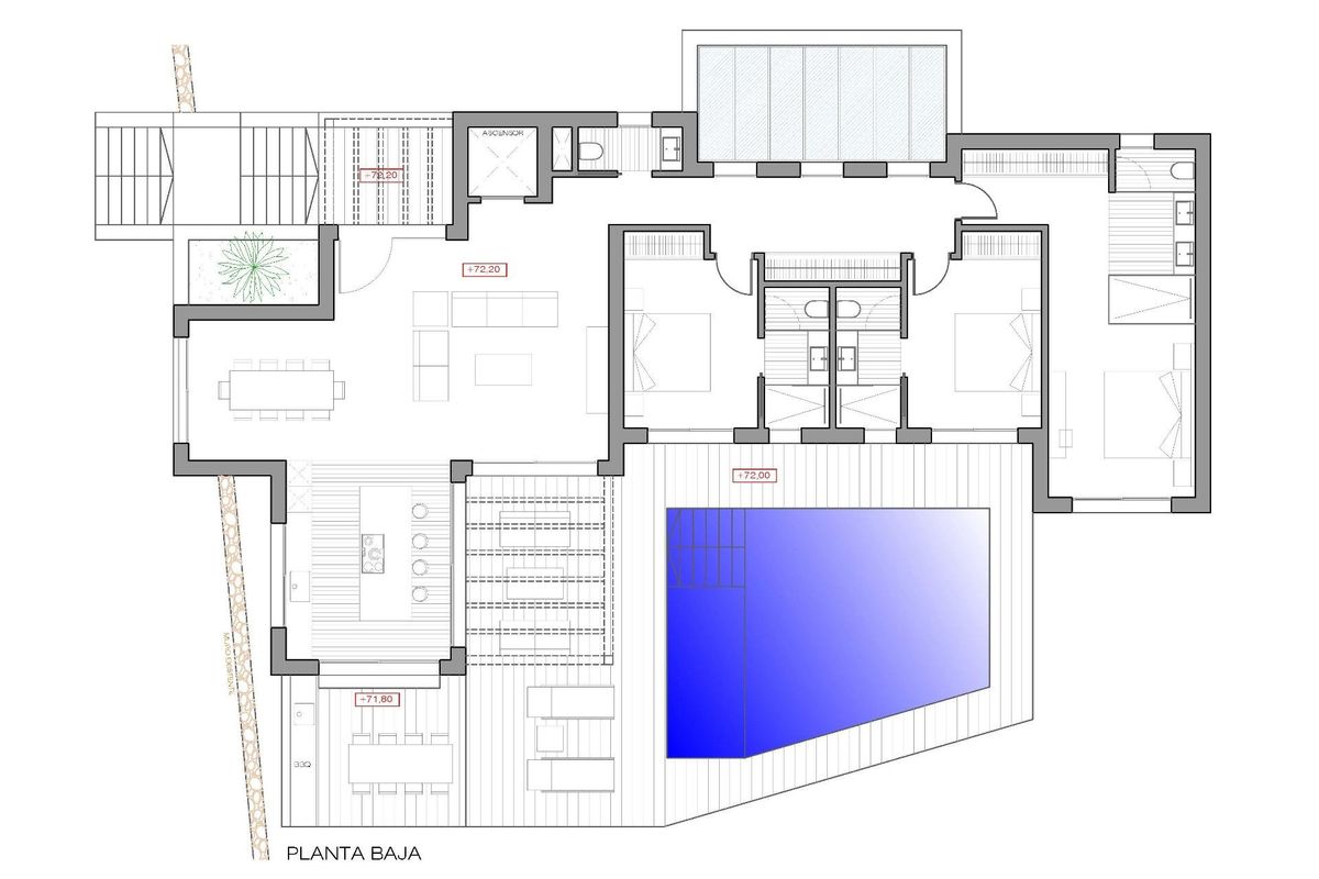 Plattegrond van een 3-slaapkamer villa in Jávea, met ruime leefruimtes en een zwembadindeling.