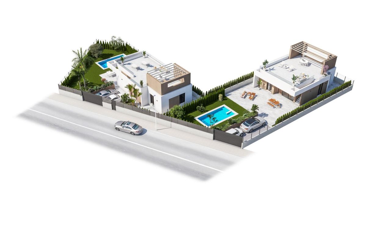 3D buitenzicht op een 3-slaapkamer villa complex in Vera, Costa de Almeria, met zwembaden en tuinen.