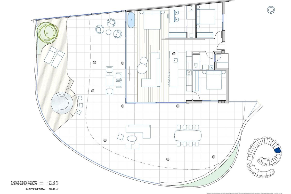 Plattegrond van een 3-slaapkamer appartement op de begane grond in Fuengirola, die de indeling en ruimte laat zien.