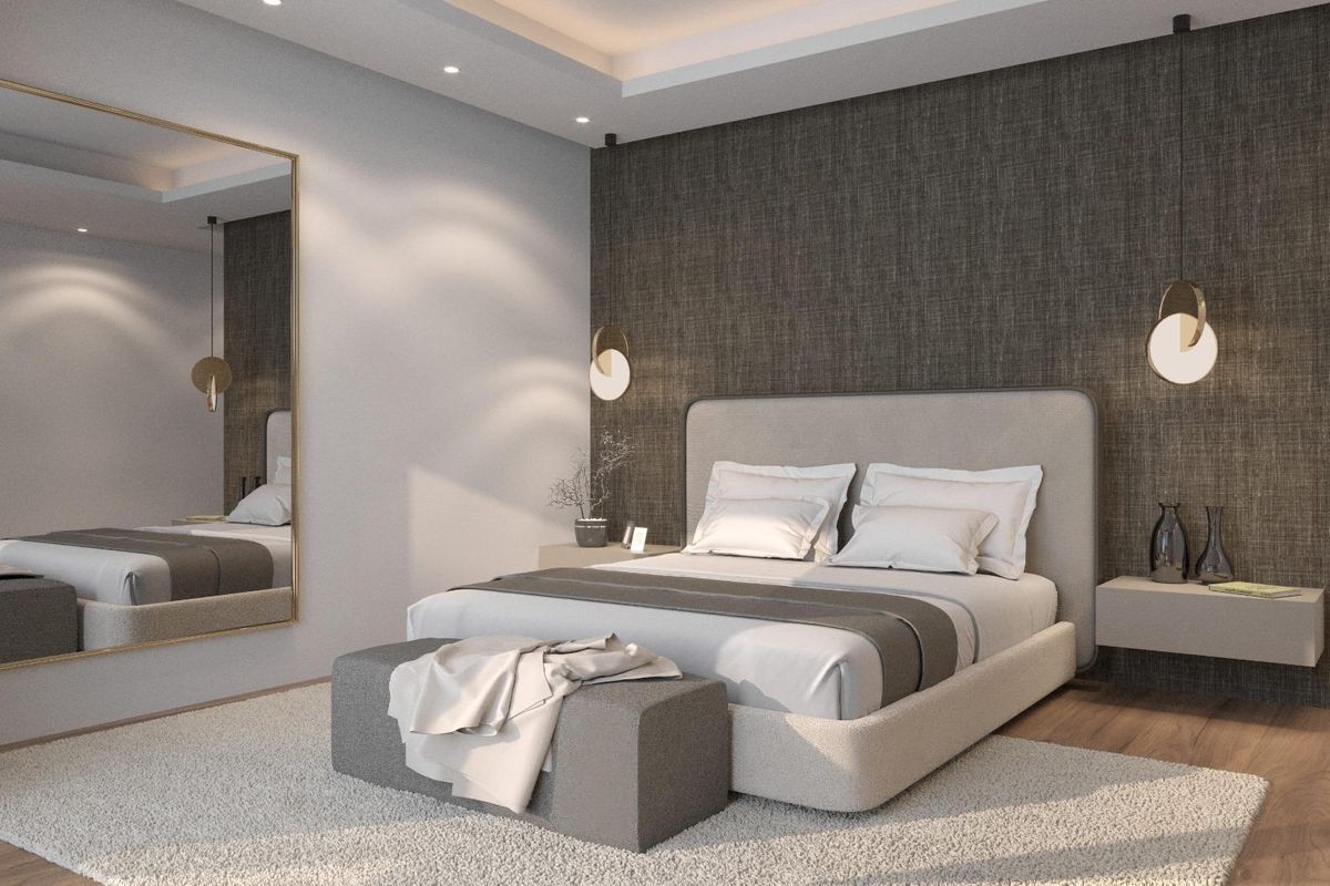 Stijlvolle slaapkamer in een 6-slaapkamer villa in Benahavís, met zachte verlichting en hedendaagse meubels.