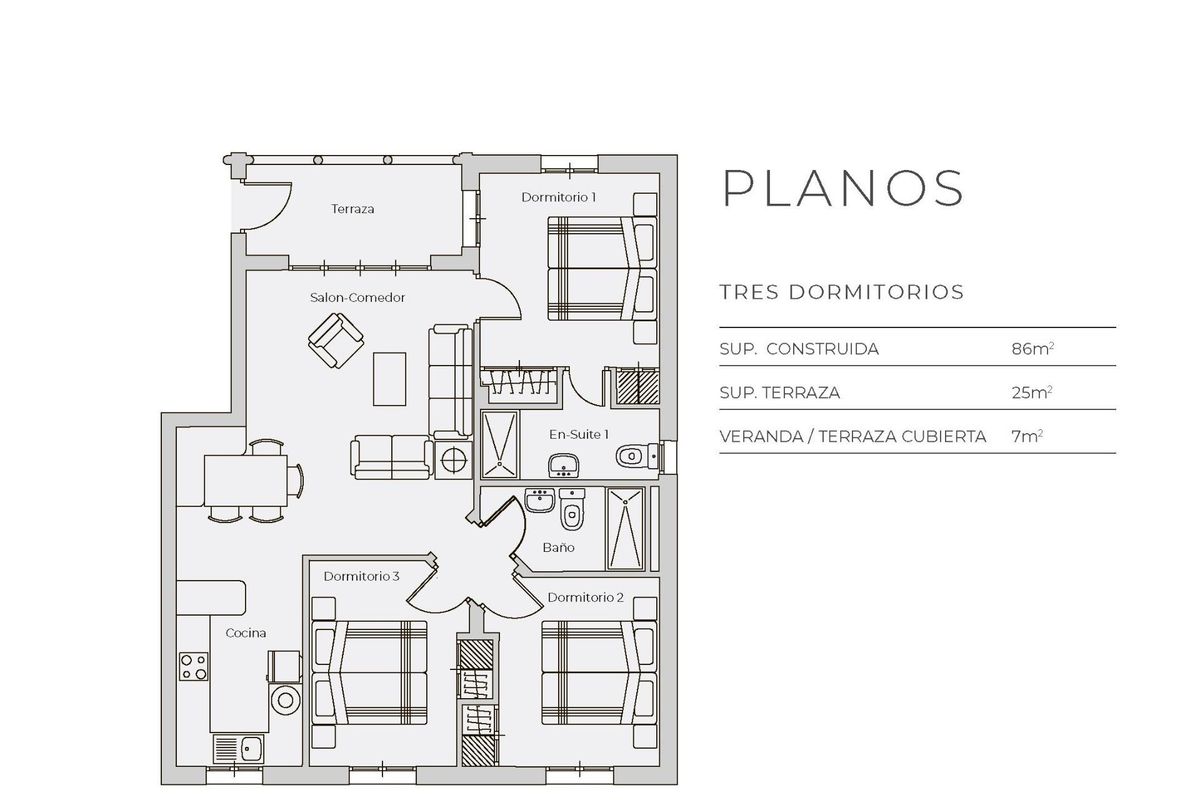 Plattegrond van een 3-slaapkamer appartement met terras en woonkamer in Cuevas Del Almanzora, Spanje.