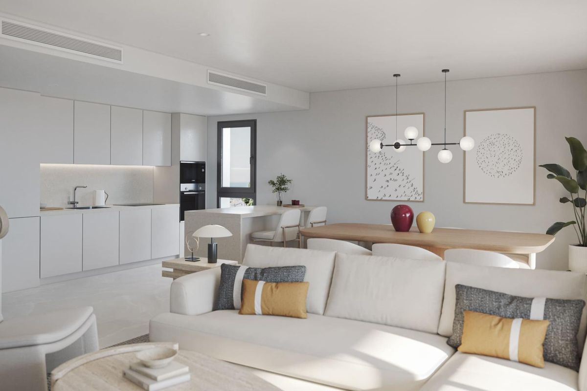 Stijlvolle keuken en eetruimte in het 3-slaapkamer appartement in Estepona, met modern design.