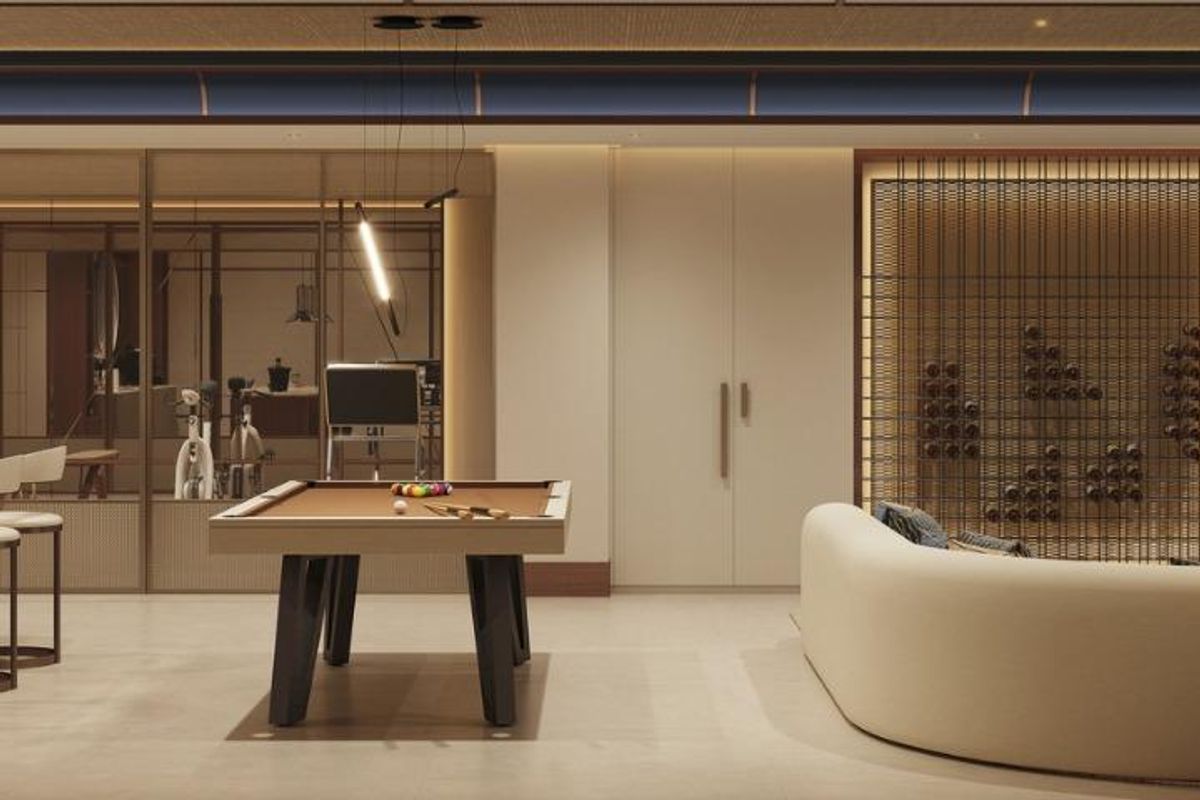 Gepolijste woonkamer in een 6-slaapkamer villa in Marbella met een modern ontwerp en biljarttafel.