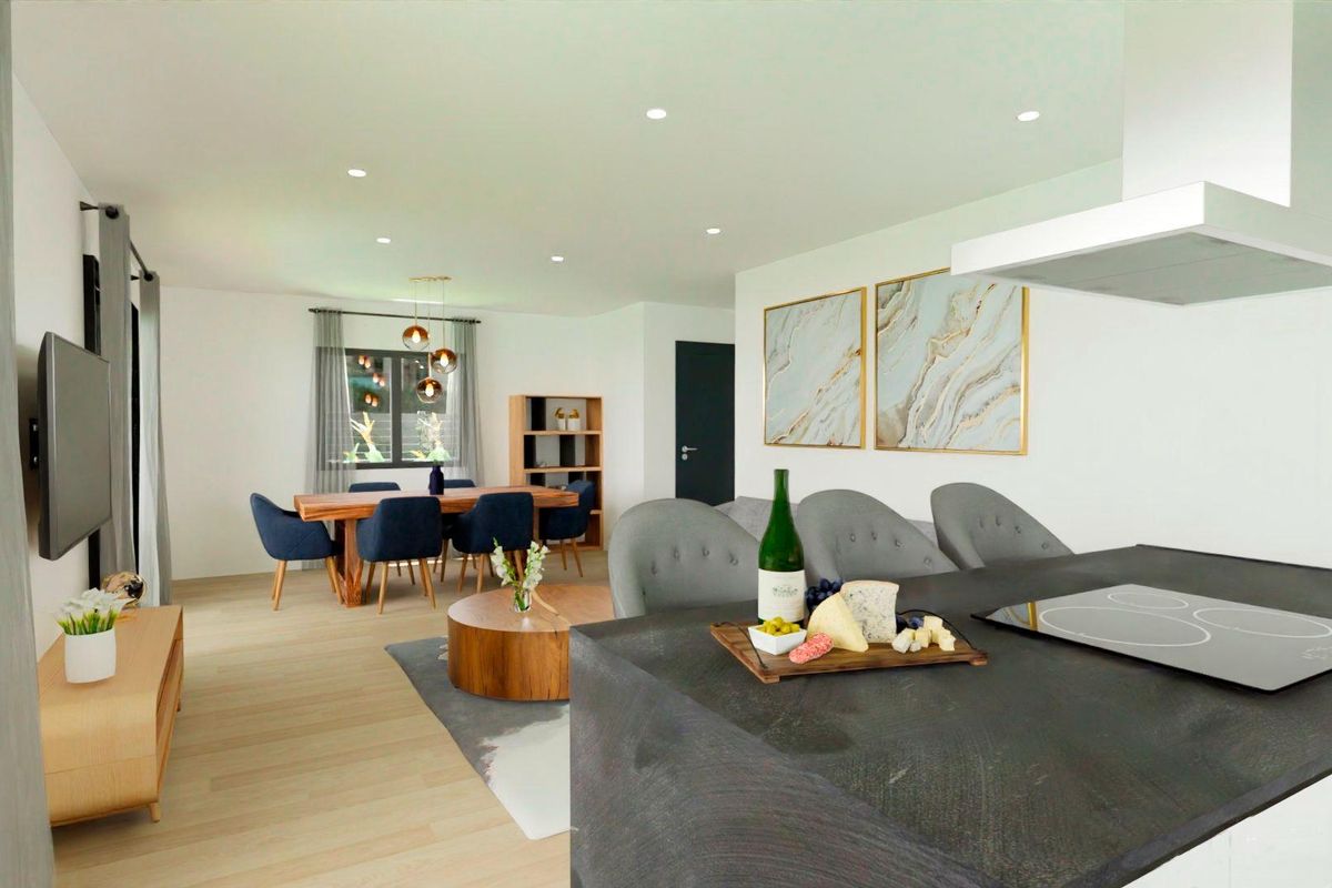 Open keuken en eetruimte met stijlvolle meubels in een villa gelegen in Hondón de las Nieves.