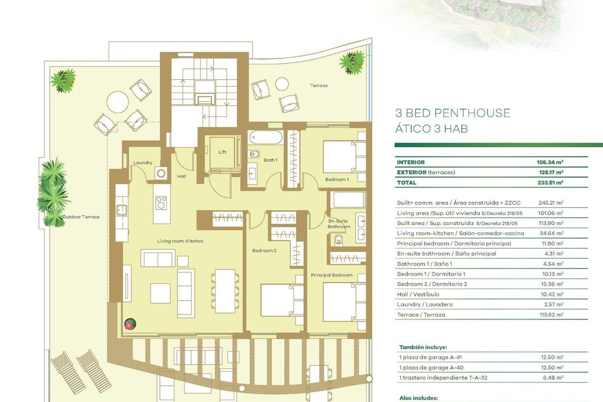 Gedetailleerde plattegrond van een ruim 3-slaapkamer penthouse met een moderne indeling en voorzieningen in San Roque.